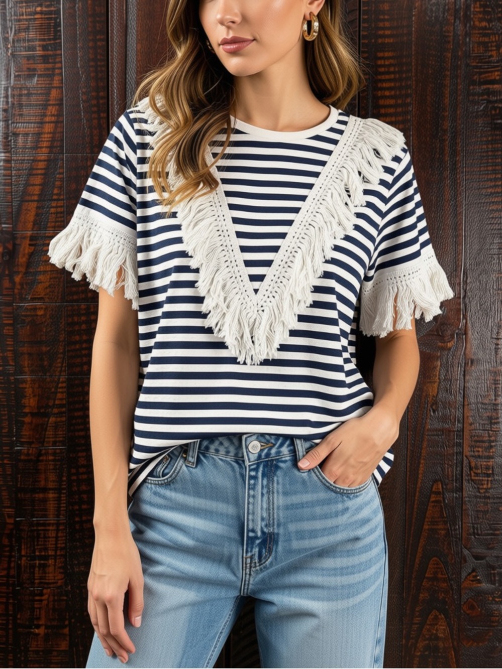 Say What Navy and White Striped Fringe V-Neck Tee 1X